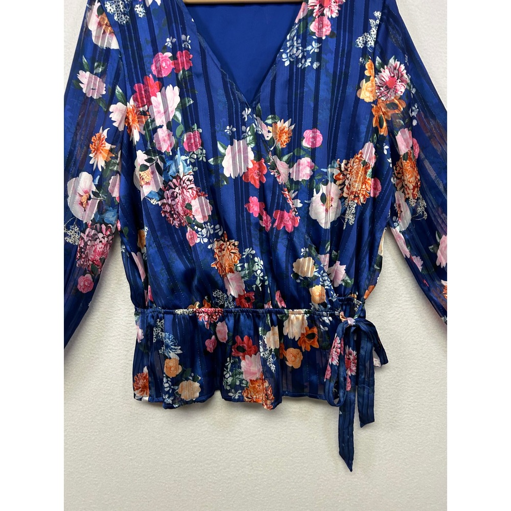 INC Floral Metallic Shimmer Romantic Womens Large Blue Wrap Peplum Blouse - Picture 7 of 8